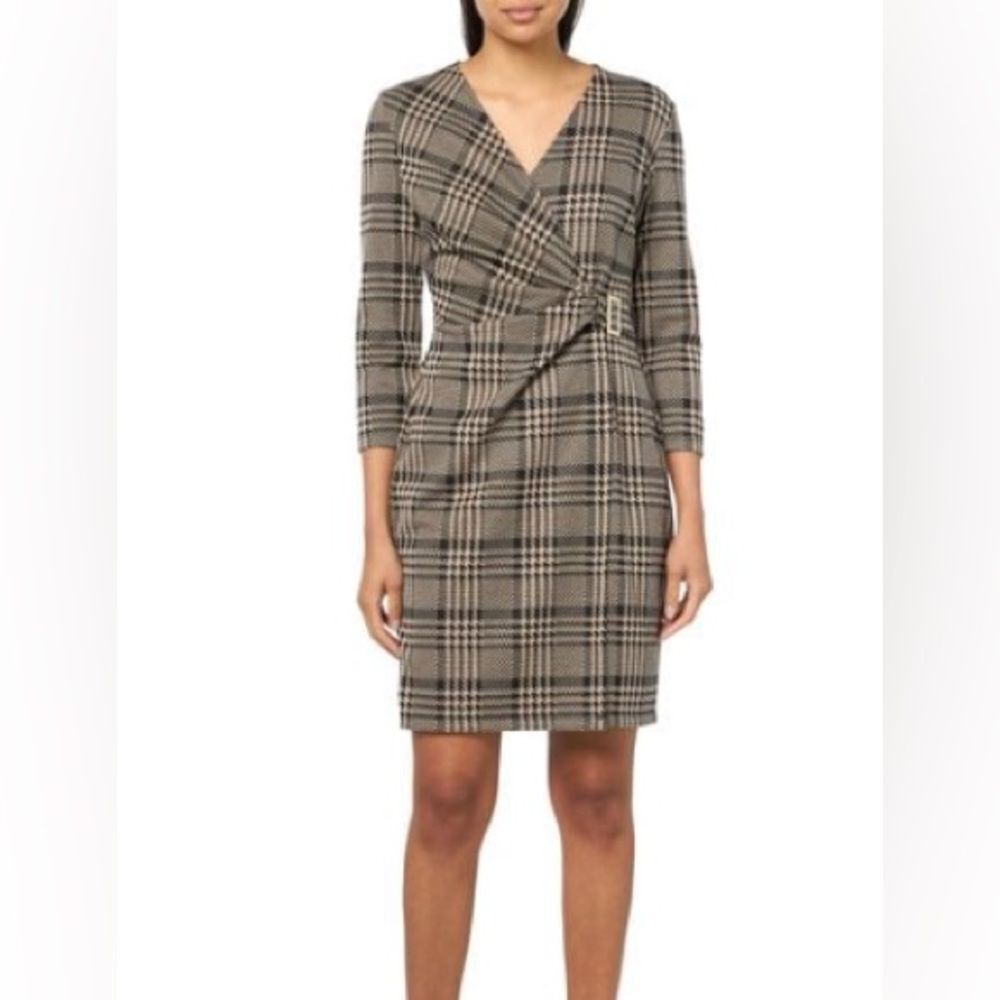 Anne Klein Faux Wrap Dress Women's Size 4 Black & Tan Plaid Gold Hardware